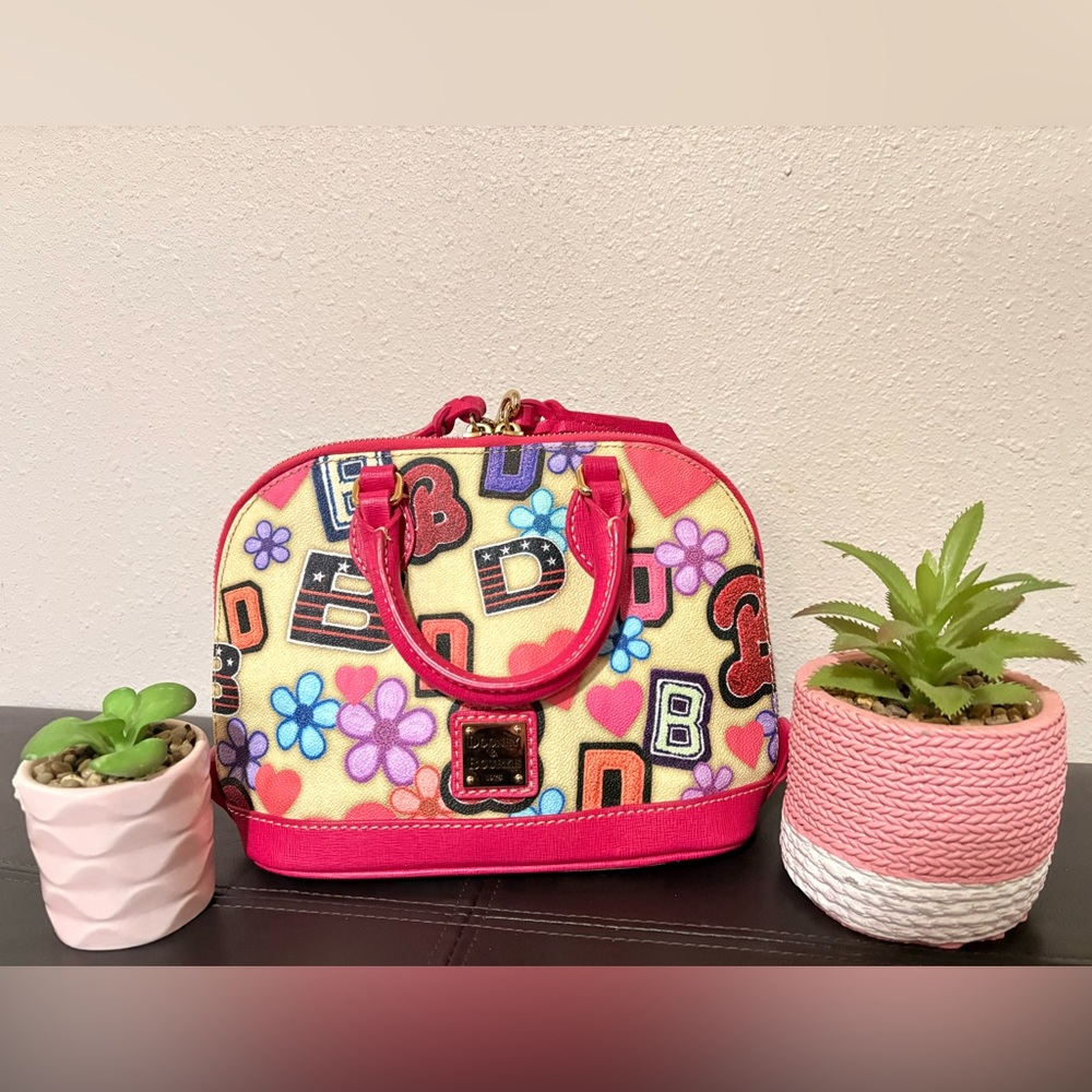 Vintage Dooney & Bourke Leather Floral Mini Handbag or Shoulder bag W/ Pink Trim